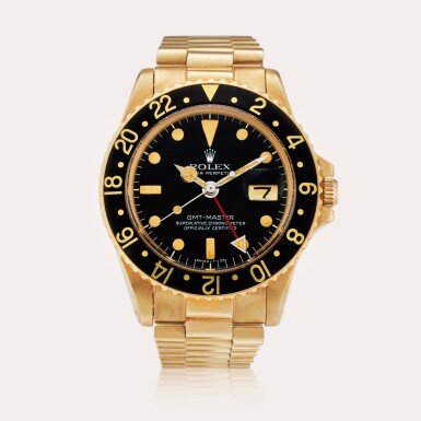 View full screen - View 1 of Lot 94. Reference 1675 GMT-Master | A yellow gold automatic dual time wristwatch with date and bracelet, Circa 1972.