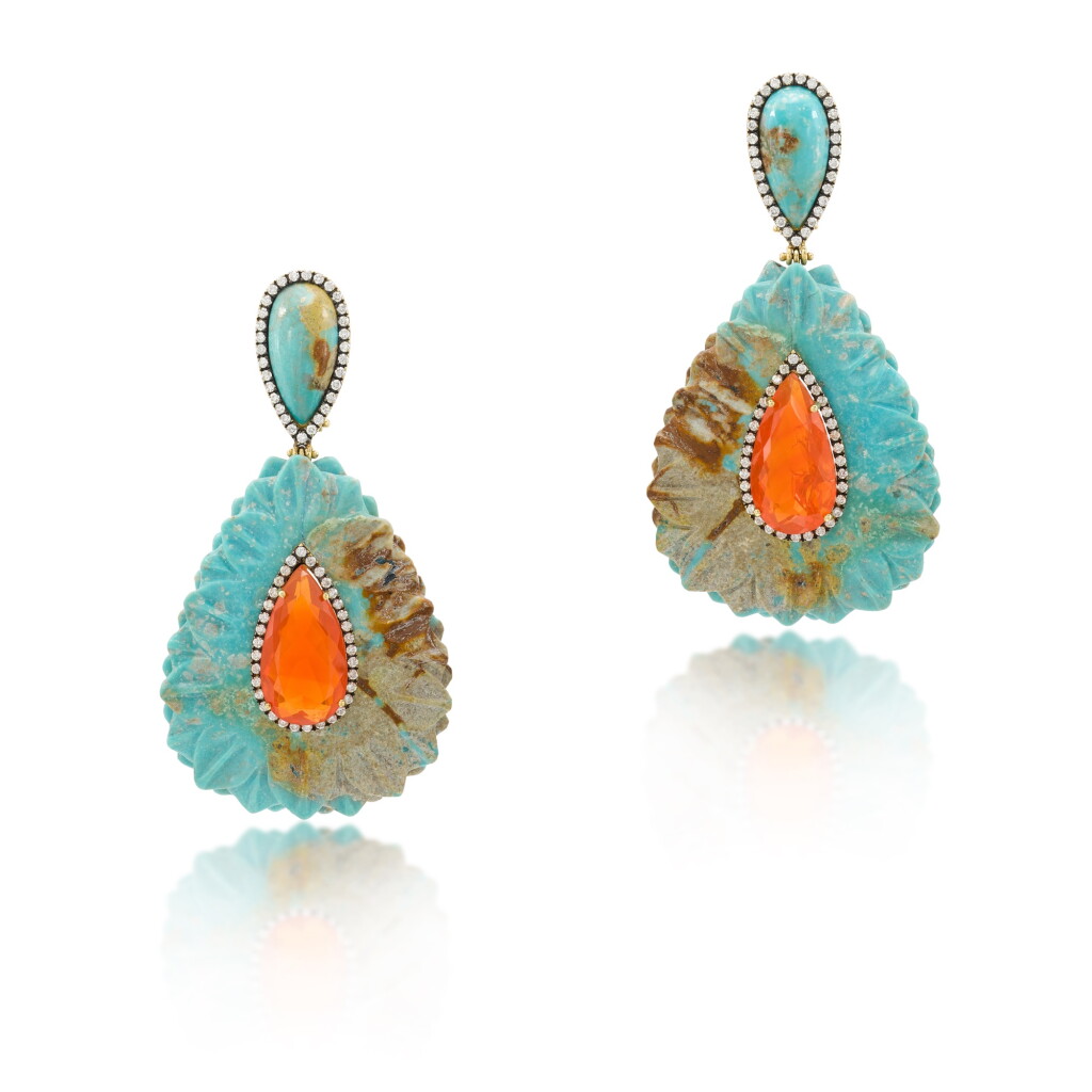 View full screen - View 1 of Lot 4. Turquoise and Fire Opal Earrings .
