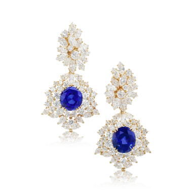 View full screen - View 1 of Lot 527. Pair of sapphire and diamond pendent ear clips, 1980s.