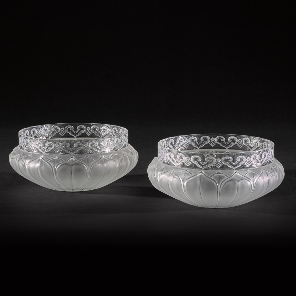 View full screen - View 1 of Lot 12. A pair of Lalique lotus petal-moulded circular bowls, late 20th century.