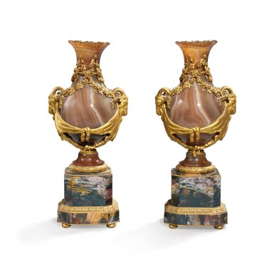 View full screen - View 1 of Lot 190. A Pair of Louis XVI Style Gilt-Bronze Mounted, Agate and Bloodstone Vases, 19th Century.