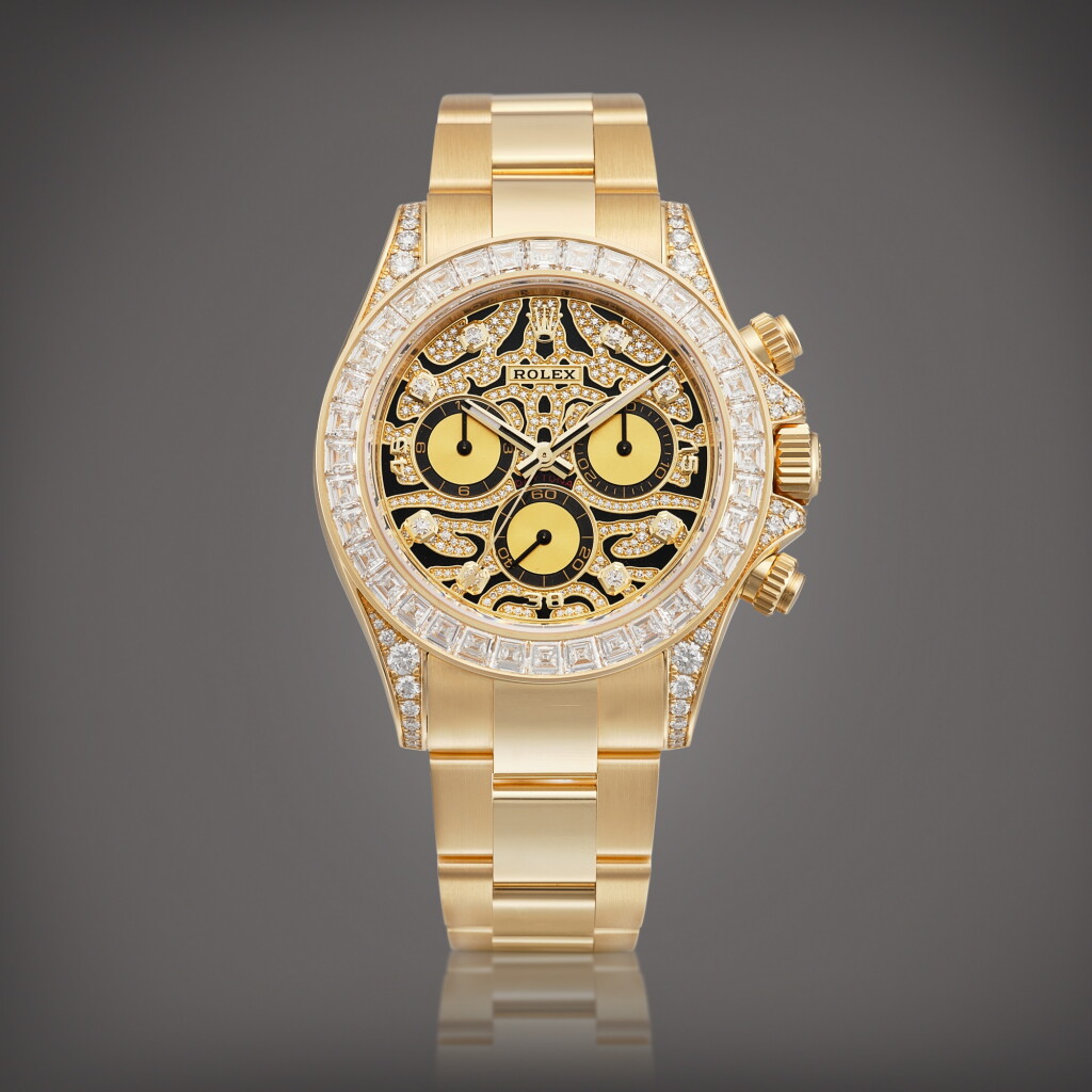 View full screen - View 1 of Lot 2214. Cosmograph Daytona "Eye of the Tiger", Reference 116598 TBR | A yellow gold and diamond-set chronograph wristwatch with black lacquer tiger motif dial and bracelet, Circa 2022 | 勞力士 | COSMOGRAPH DAYTONA "EYE OF THE TIGER" 型號116598 TBR | 黃金鑲鑽石計時鏈帶腕錶,備黑漆虎紋錶盤,約2022年製.