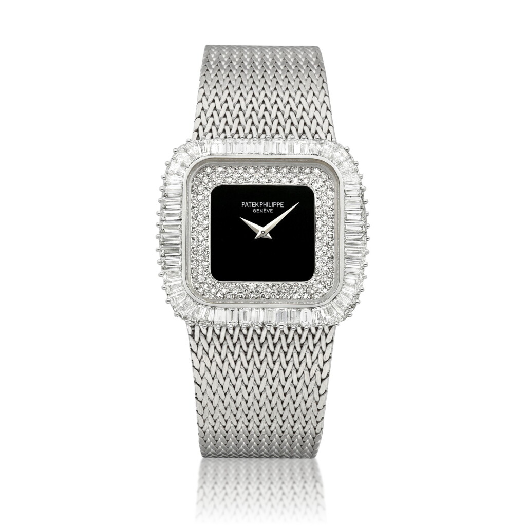 View full screen - View 1 of Lot 2173. Reference 3625/1 | A white gold and diamond-set bracelet watch with onyx dial, Circa 1985 | 百達翡麗 | 型號 3625/1 | 白金鑲鑽石鏈帶腕錶,備瑪瑙錶盤,約1985年製.