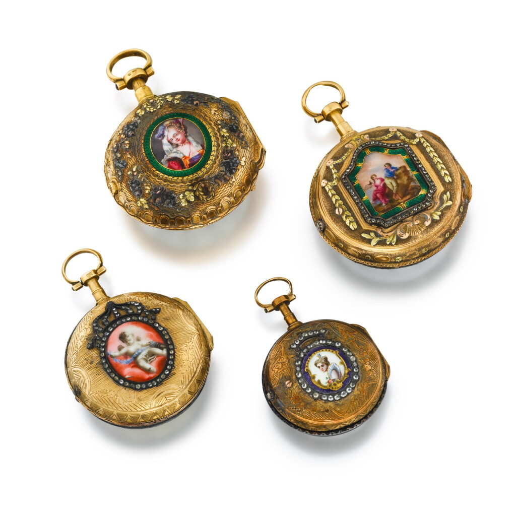 View full screen - View 1 of Lot 1096. Four gold and enamel watches, circa 1780.