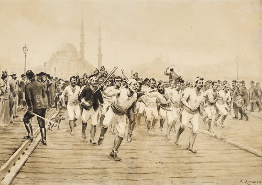 View full screen - View 1 of Lot 29. Firemen Crossing the Galata Bridge.