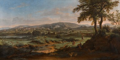 View full screen - View 1 of Lot 27. Frascati, a panoramic view of the town and its villas, with shepherds and their flock resting by a stream .