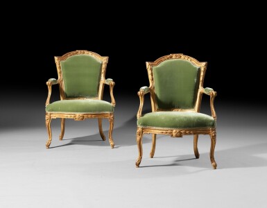 View full screen - View 1 of Lot 88. A pair of gilwood armchairs, Louis XV, stamped TILLIARD | Paire de fauteuils en hêtre redoré d'époque Louis XV estampillés TILLIARD.