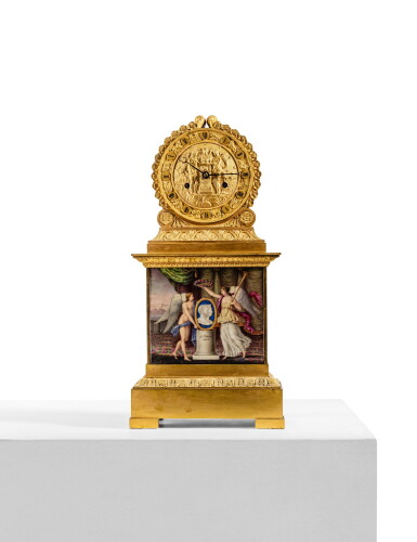 View full screen - View 1 of Lot 16. A Royal French gilt-bronze and Italian porcelain mantel clock, given by King Francis I of the Two Sicilies to his wife, Queen Maria-Isabella of Bourbon, the clock Paris, circa 1825-1829, the porcelain probably painted by Raffaele Giovine, Naples, circa 1829.
