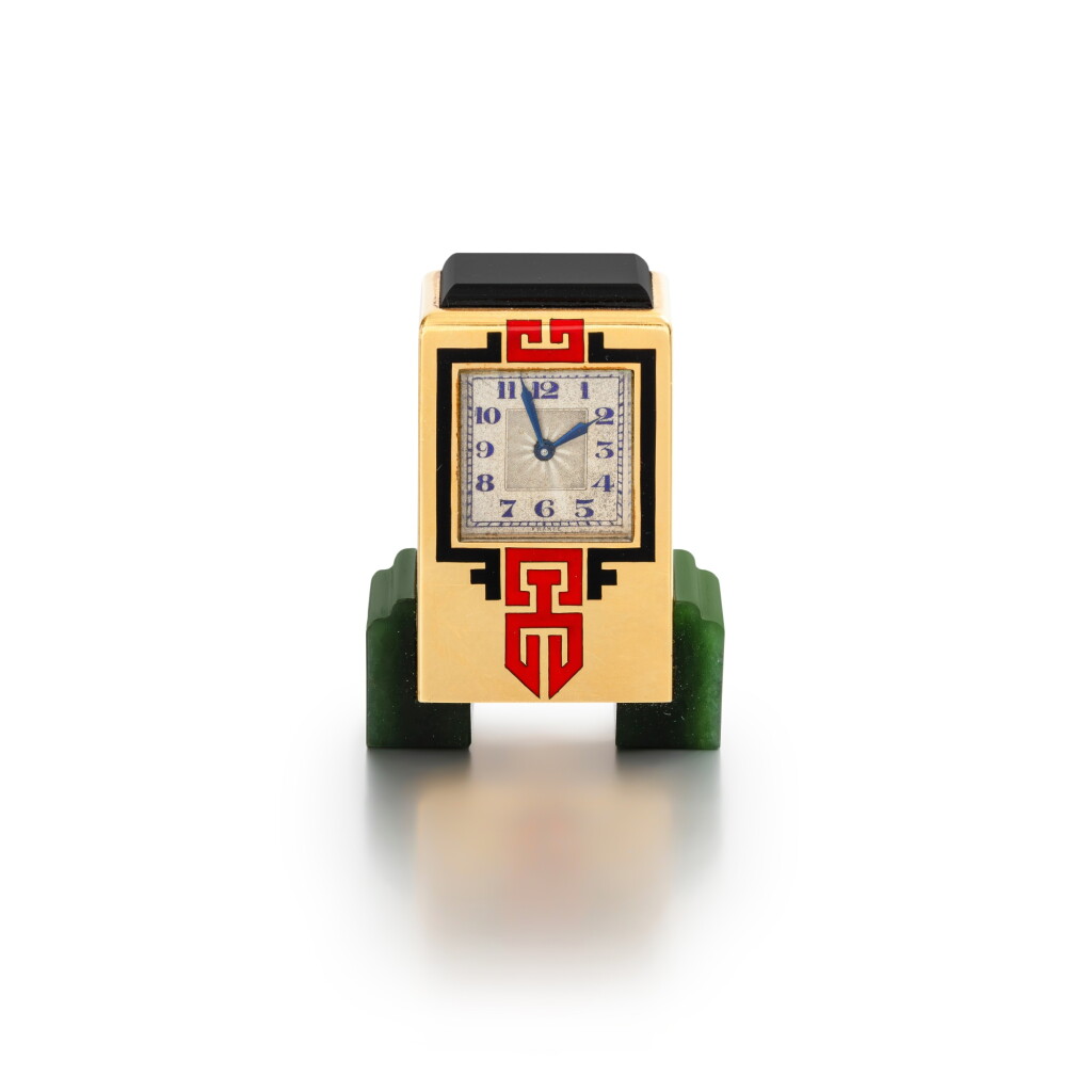 View full screen - View 1 of Lot 134. Enamel, jade and onyx carriage clock .