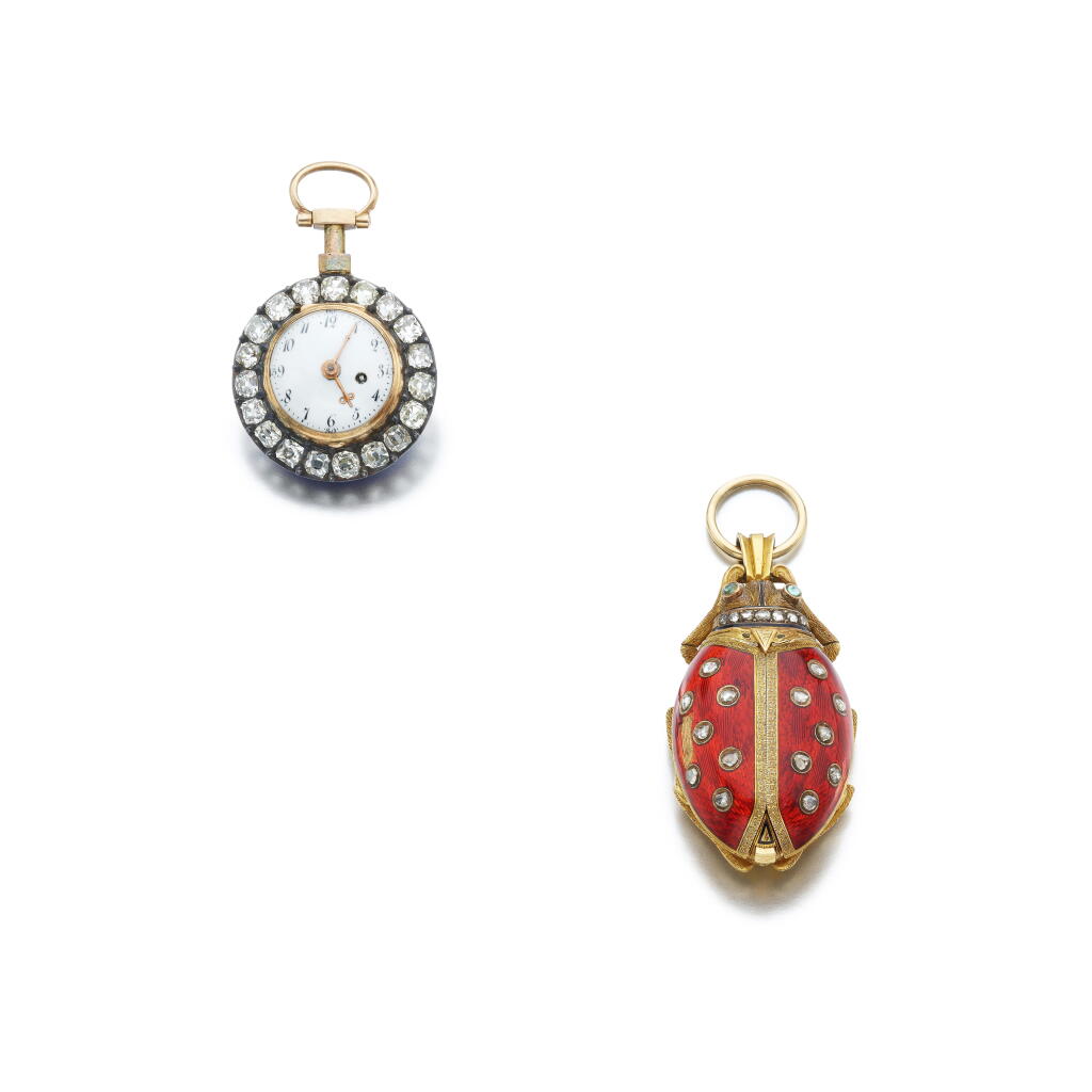 View full screen - View 1 of Lot 1044. Enamel and diamond pocket watch, mid-19th century and an enamel and diamond pendant watch, circa 1880.