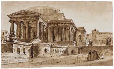 View full screen - View 1 of Lot 121. PIETRO DI GOTTARDO GONZAGA | TWO SET DESIGNS: A) CLASSICAL BUILDINGS BY A QUAY, A BRIDGE TO THE RIGHT B) CLASSICAL BUILDINGS WITH FOUR BUSTS ON PLINTHS IN THE FOREGROUND.