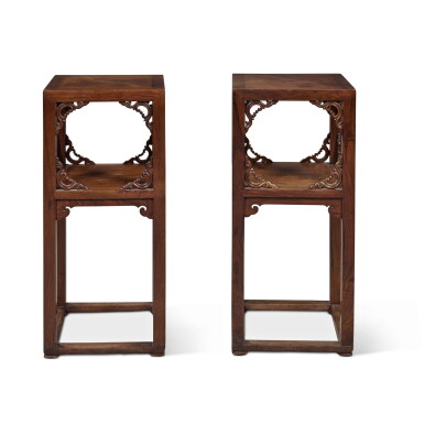 View full screen - View 1 of Lot 546. A pair of 'huanghuali' tall tables (Xiangji), 17th century | 十七世紀 黃花梨四方香几一對.
