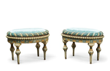 View full screen - View 1 of Lot 147. A PAIR OF ITALIAN CARVED WHITE AND BLUE PAINTED STOOLS, PROBABLY PIEMONTE LATE 18TH CENTURY.