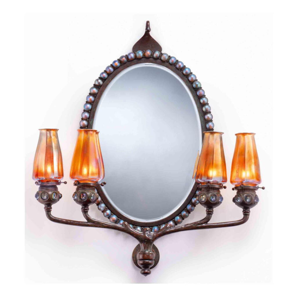 View full screen - View 1 of Lot 5. A Rare Jeweled Wall Mirror with Four-Light Candelabrum.