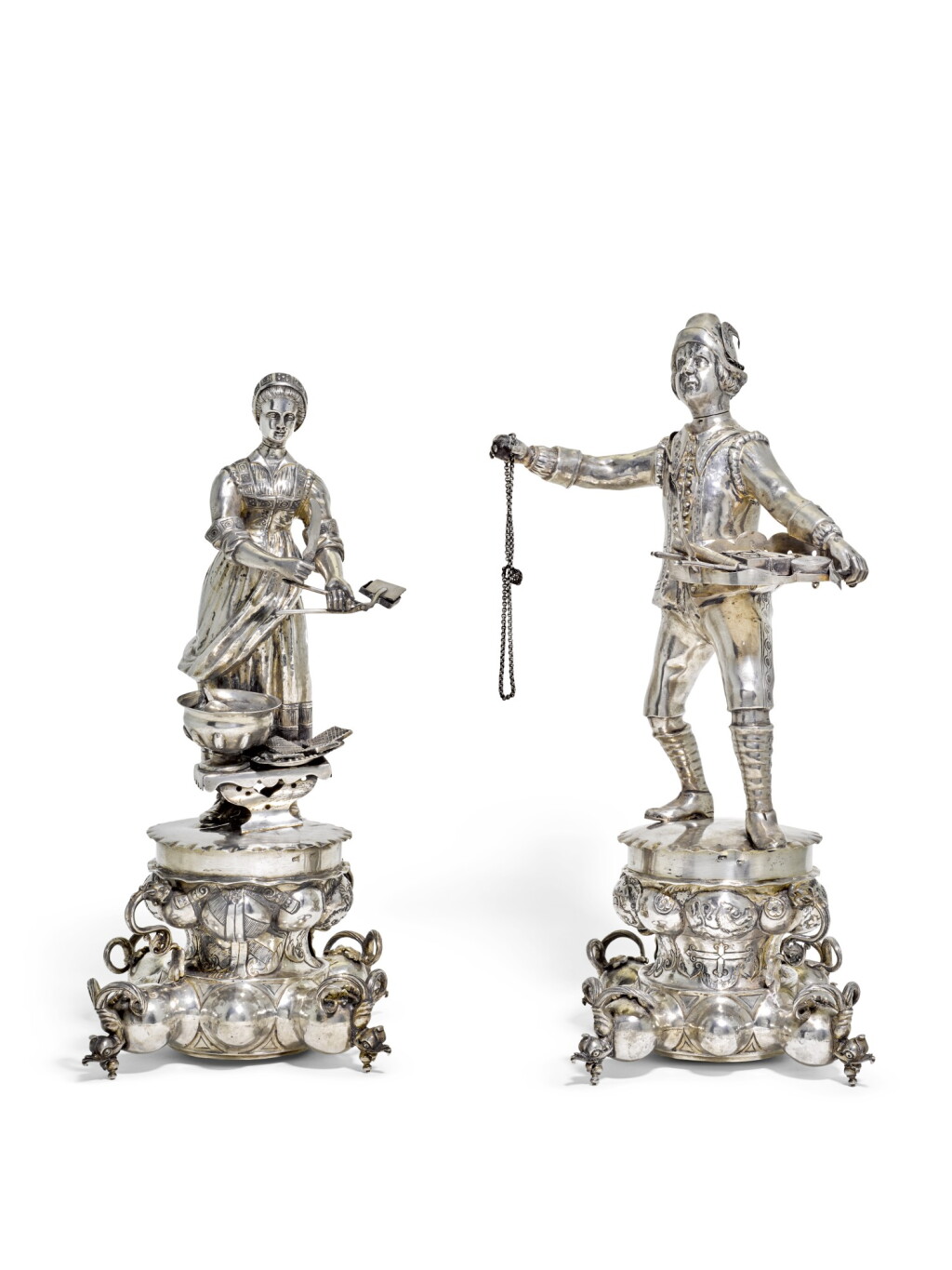 View full screen - View 1 of Lot 109. A PAIR OF GERMAN SILVER FIGURAL FLASKS CUM BEAKERS, PSEUDO MARKS, POSSIBLY J.D. SCHLEISSNER & SOHNE, HANAU, CIRCA 1890.