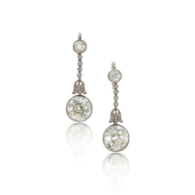 View full screen - View 1 of Lot 842. Pair diamond pendent earrings, circa 1920.