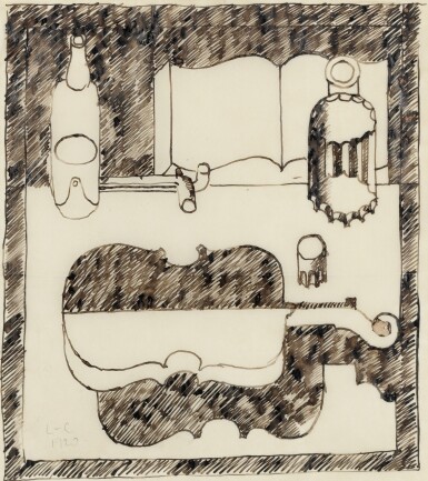 View full screen - View 1 of Lot 332. Nature morte puriste, livre ouvert, bouteilles et violon.