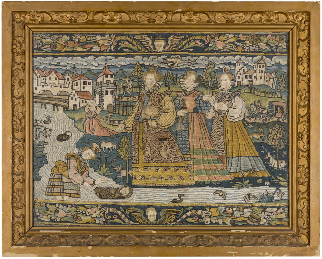 View full screen - View 1 of Lot 153. AN OLD TESTAMENT BIBLICAL NEEDLEWORK PANEL, DEPICTING THE DISCOVERY OF MOSES, PROBABLY FRENCH, FIRST HALF 16TH CENTURY.