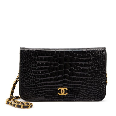View full screen - View 1 of Lot 45. Shiny Black Alligator CC Single Full Flap Bag Gold Hardware, 1986-1988.