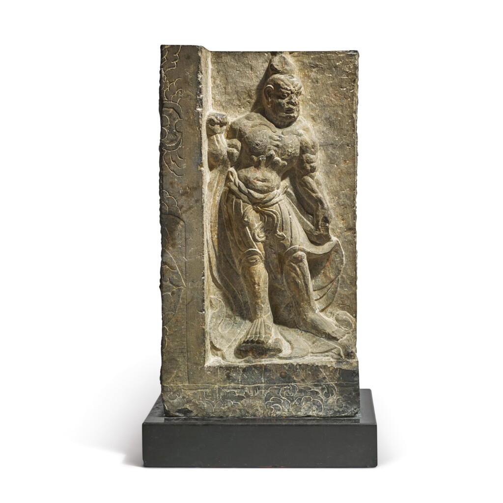 View full screen - View 1 of Lot 605. A LIMESTONE RELIEF CARVING OF A GUARDIAN, TANG DYNASTY.