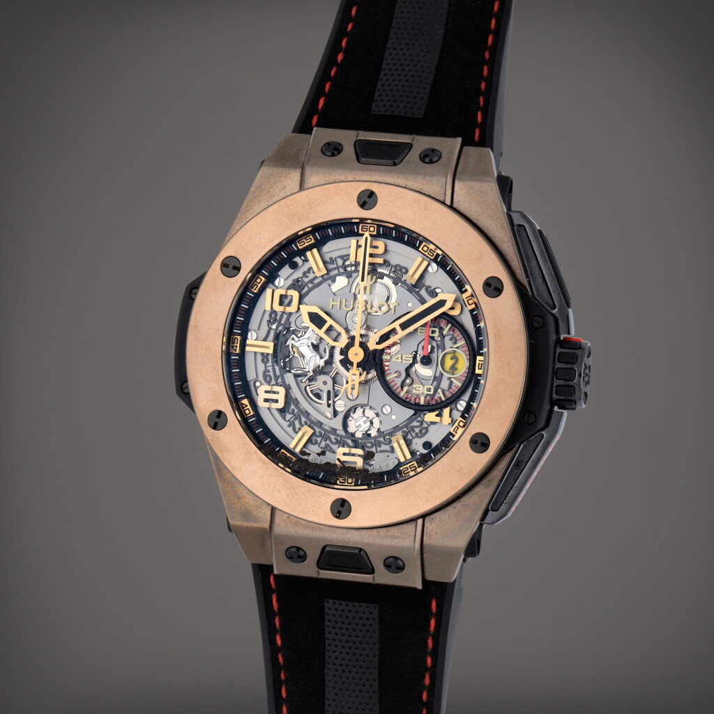 View full screen - View 1 of Lot 466. Big Bang Ferrari 'Magic Gold', Reference 401.MX.0123.VR | A limited edition gold and titanium semi-skeletonized flyback chronograph wristwatch with date | Circa 2015.