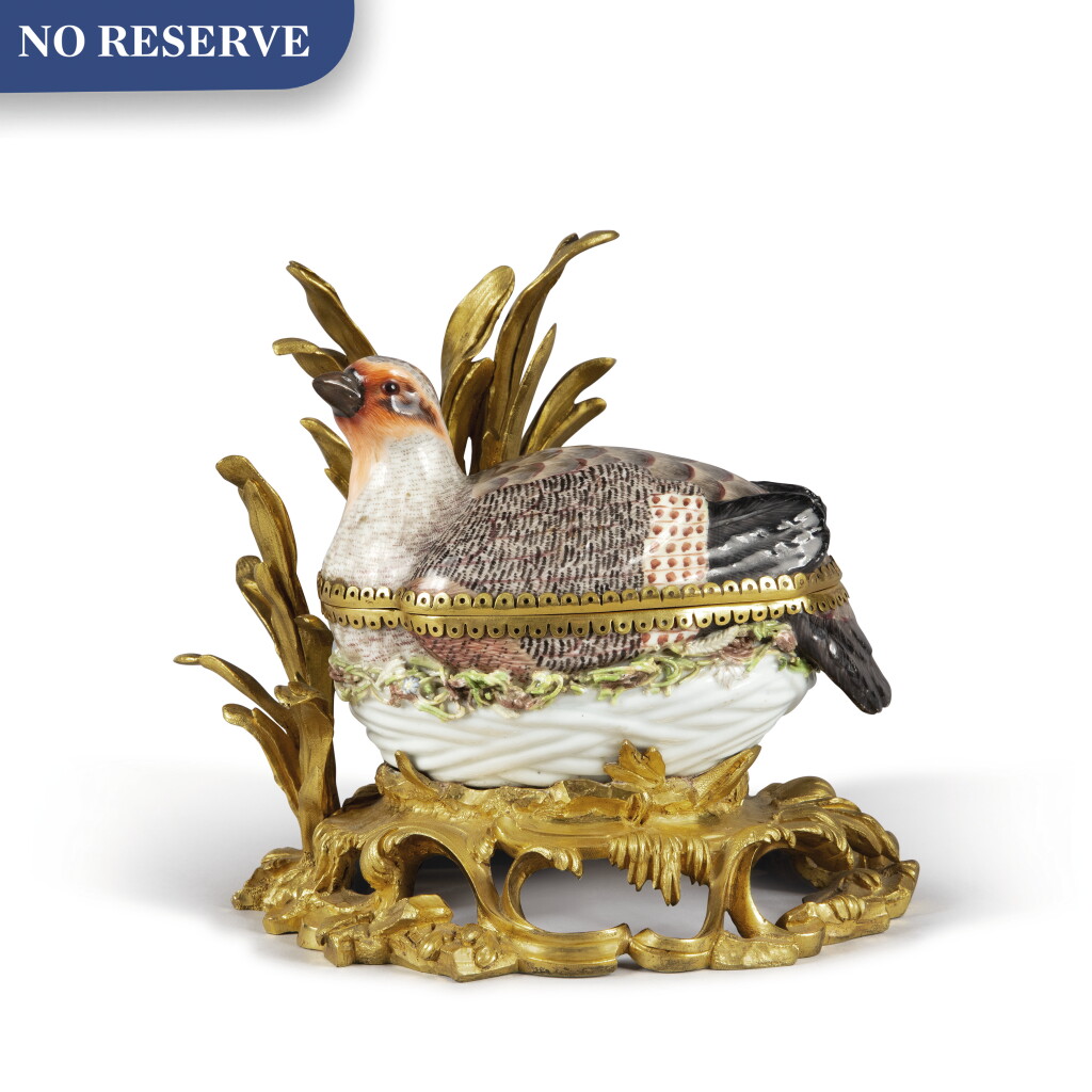 View full screen - View 1 of Lot 91. A MEISSEN PORCELAIN PARTRIDGE-FORM TUREEN AND COVER, MOUNTED ON A ROCOCO GILT BRONZE BASE, EARLY 19TH CENTURY.