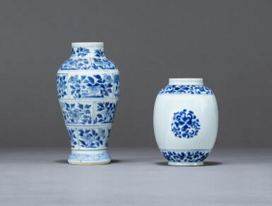 View full screen - View 1 of Lot 168. Two small blue and white 'floral' vases, Qing dynasty, Kangxi period | 清康熙 青花花卉紋小瓶 一組两件.