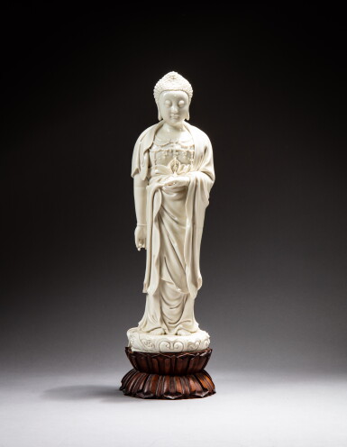 View full screen - View 1 of Lot 113. A blanc de Chine figure of Amitabha Buddha, Qing dynasty, signed Zhang Shoushan | 清 德化白瓷阿彌陀佛立像.