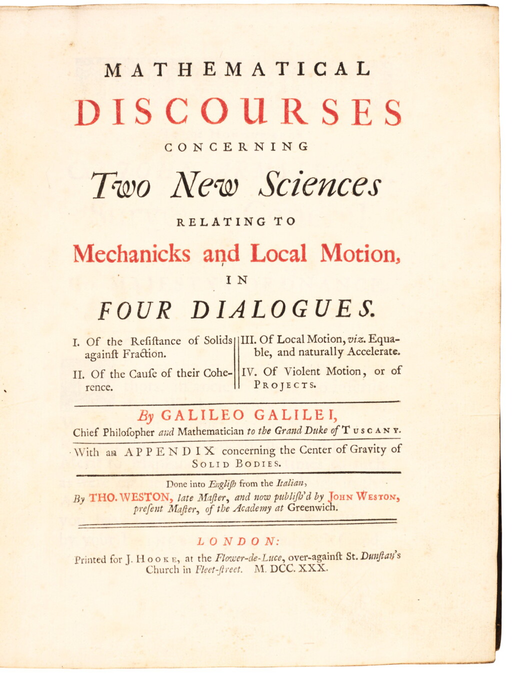 View full screen - View 1 of Lot 206. Galileo, Mathematical discourses concerning two new sciences, London, 1730, contemporary calf.