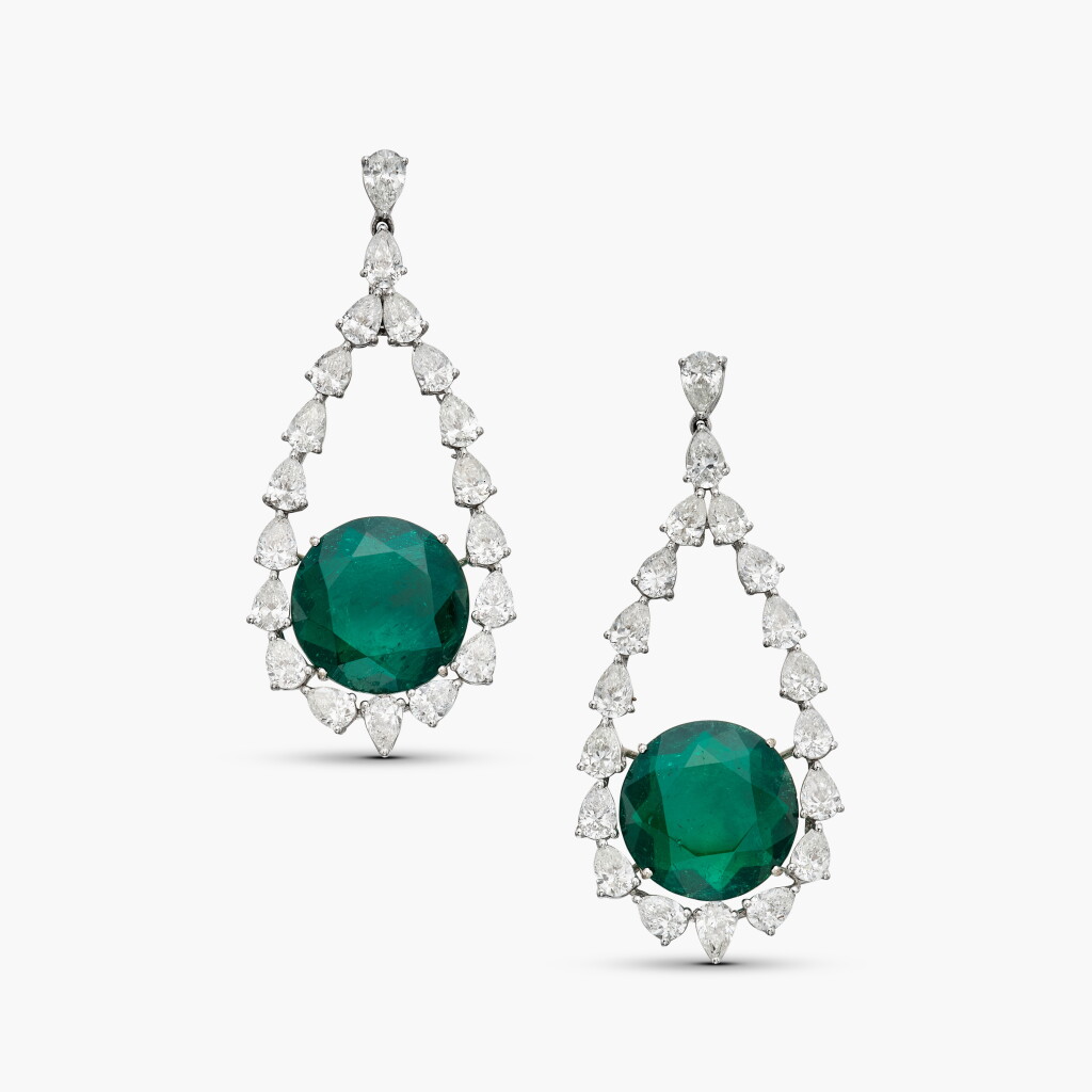 View full screen - View 1 of Lot 4. Pair of Emerald and Diamond Pendant-Earrings.