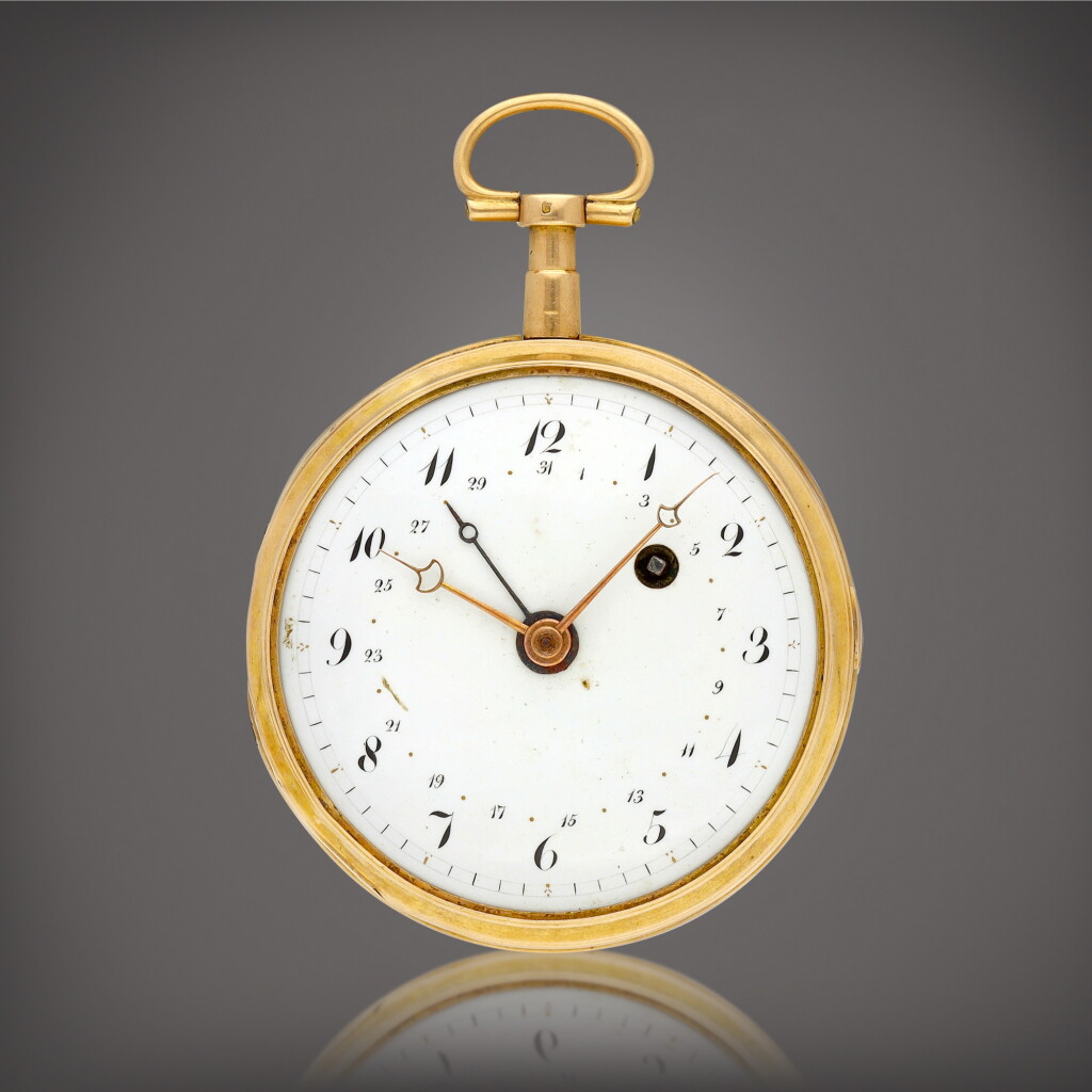 View full screen - View 1 of Lot 8802. A yellow gold open face watch with date and enamel dial, Circa 1800 | 瑞士製 | 黃金懷錶,備日期及琺瑯錶盤,約1800年製.