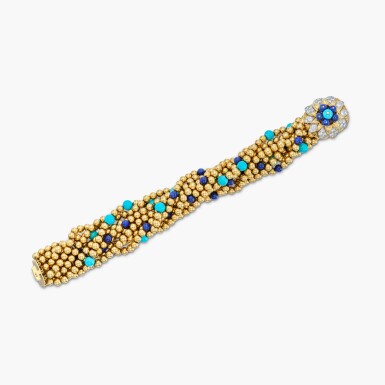 View full screen - View 1 of Lot 3. Gold, Turquoise, Lapis Lazuli and Diamond Bracelet, France 梵克雅寶 | K金 配 綠松石 配 青金石 及 鑽石 手鏈.