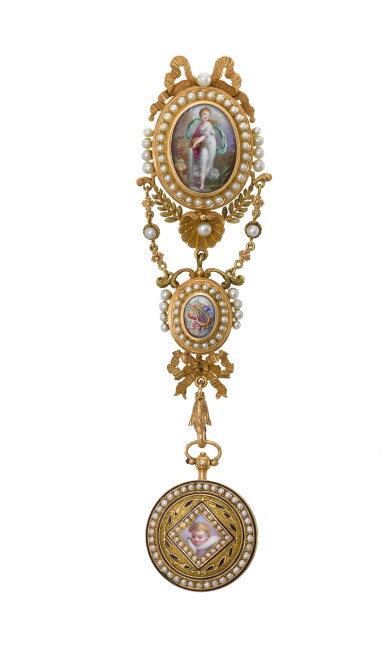 View full screen - View 1 of Lot 1379. A gold, enamel and pearl-set hunting cased watch with associated chatelaine Circa 1820.
