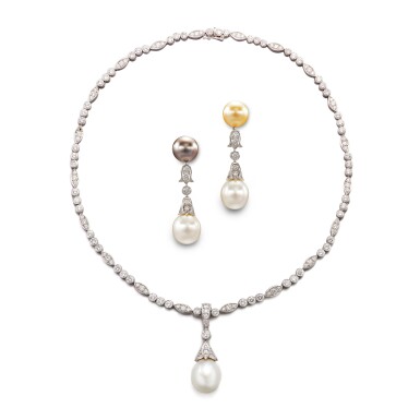 View full screen - View 1 of Lot 297. Cultured Pearl and Diamond Pendent Necklace || Pair of Cultured Pearl and Diamond Pendent Earrings | 卡地亞 | 養殖珍珠 配 鑽石 項鏈 || 養殖珍珠 配 鑽石 耳墜一對.