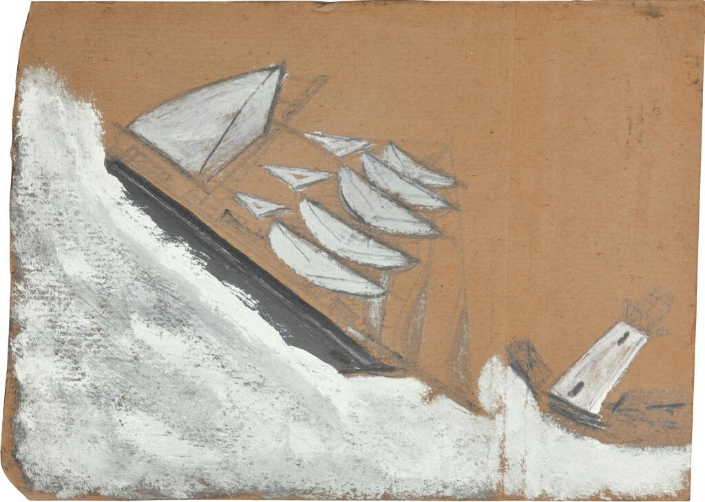 View full screen - View 1 of Lot 82. ALFRED WALLIS | ANGLED SCHOONER NEAR PENZANCE HARBOUR .