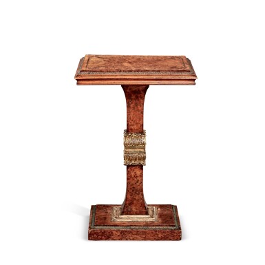View full screen - View 1 of Lot 28. A Regency Burr Oak, Carved Giltwood, and Brass Inlaid Pedestal Table, Circa 1815.