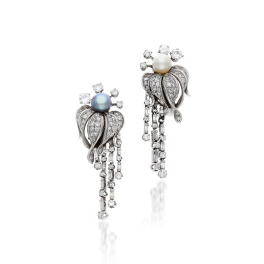 View full screen - View 1 of Lot 122. Pair of pearl and diamond ear clips/ brooches, 1960s.