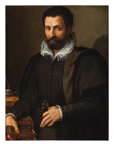 View full screen - View 1 of Lot 20. Sold Without Reserve | TOMMASO D'ANTONIO MANZUOLI, CALLED MASO DA SAN FRIANO | PORTRAIT OF A GENTLEMAN, THREE-QUARTERS, HIS ARM RESTING ON A WRITING TABLE.