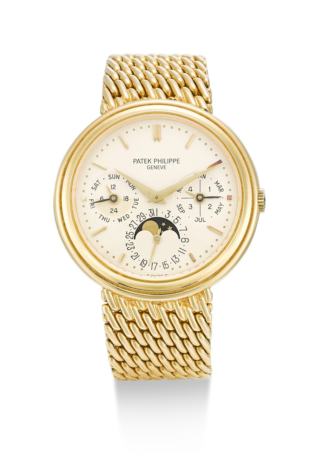 View full screen - View 1 of Lot 35. PATEK PHILIPPE | REFERENCE 3945, A YELLOW GOLD PERPETUAL CALENDAR BRACELET WATCH WITH MOON PHASES, 24 HOUR AND LEAP YEAR INDICATION, CIRCA 1993.