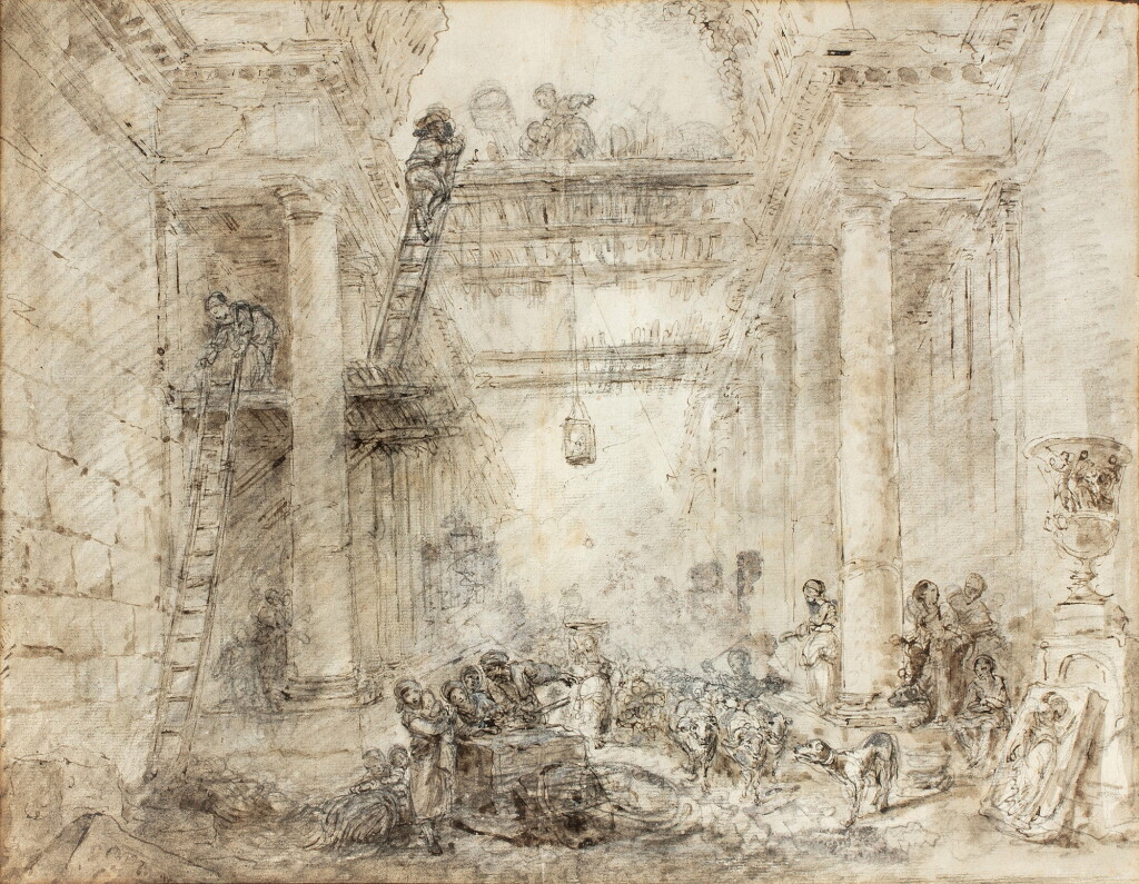 View full screen - View 1 of Lot 42. An architectural capriccio of the ruins of a grand palace with 'Le Retour du Bétail'.