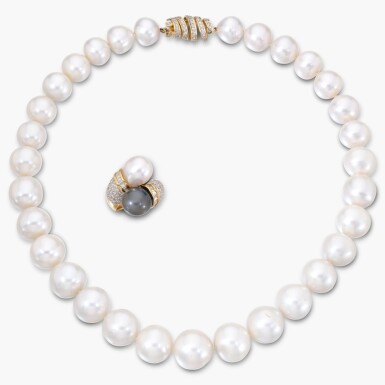 View full screen - View 1 of Lot 673. Cultured Pearl and Diamond Necklace and a Ring.