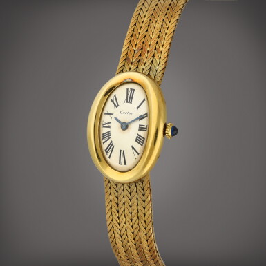 View full screen - View 1 of Lot 3. Baignoire | A yellow gold wristwatch with bracelet | Circa 1969.