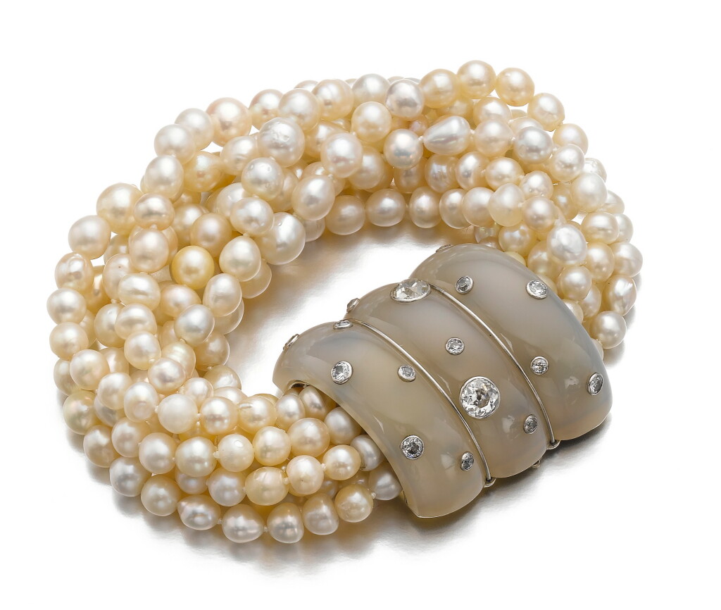 View full screen - View 1 of Lot 43. SUZANNE BELPERRON | CHALCEDONY, CULTURED PEARL AND DIAMOND BRACELET, CIRCA 1935.