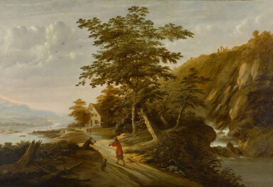 View full screen - View 1 of Lot 236. Sportsmen with their hounds and a falcon near a river in a wooded landscape.