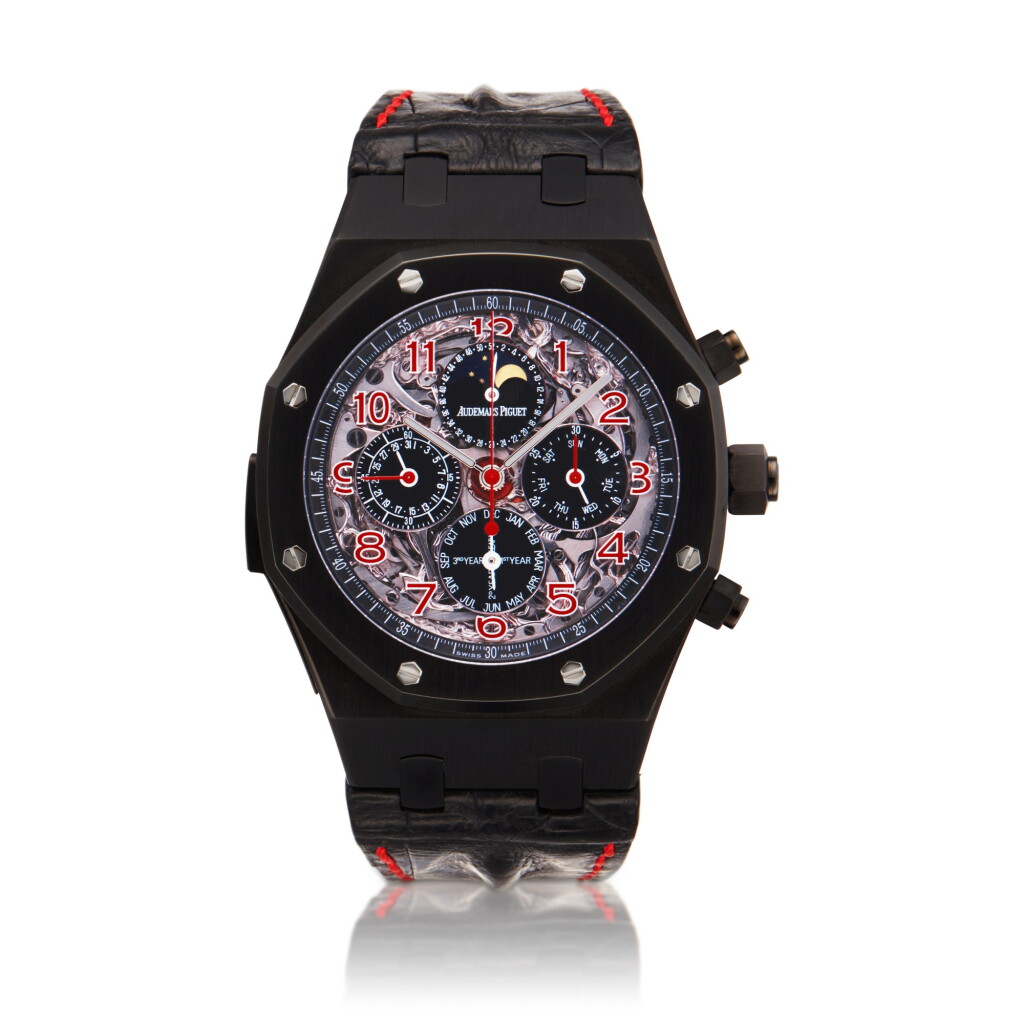 View full screen - View 1 of Lot 119. Reference 26293IN.OO.D101CR.01, Grande Complication 'Marcus Watches Edition' | An open-worked PVD-coated titanium minute repeating perpetual calendar split-seconds chronograph wristwatch with moon phases and leap-year indication, Circa 2010 | 愛彼 26293IN.OO.D101CR.01 型號 Grande Complication 'Marcus Watches Edition' | 鏤空陶瓷三問萬年曆追針計時腕錶備月相及閏年顯示,約2010年製 .