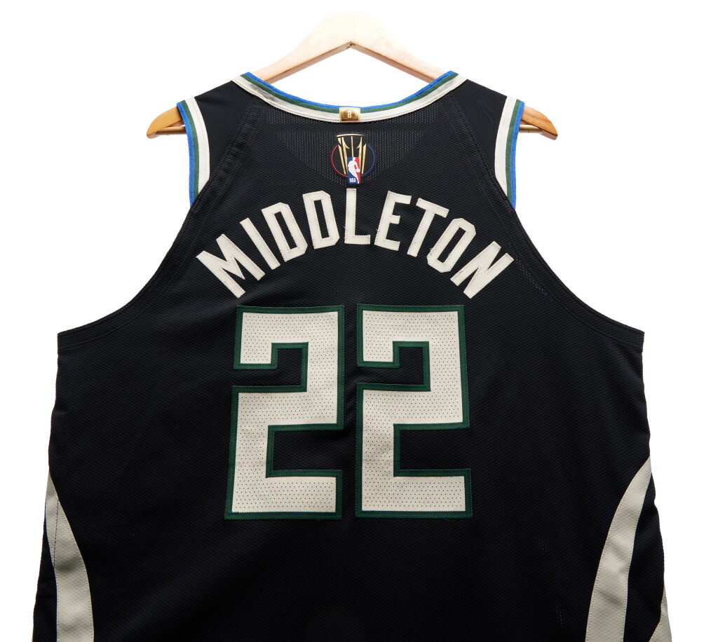 View full screen - View 1 of Lot 20. Khris Middleton Milwaukee Bucks 2024-2025 Emirates NBA Cup Semifinals Game Worn Statement Edition Jersey.
