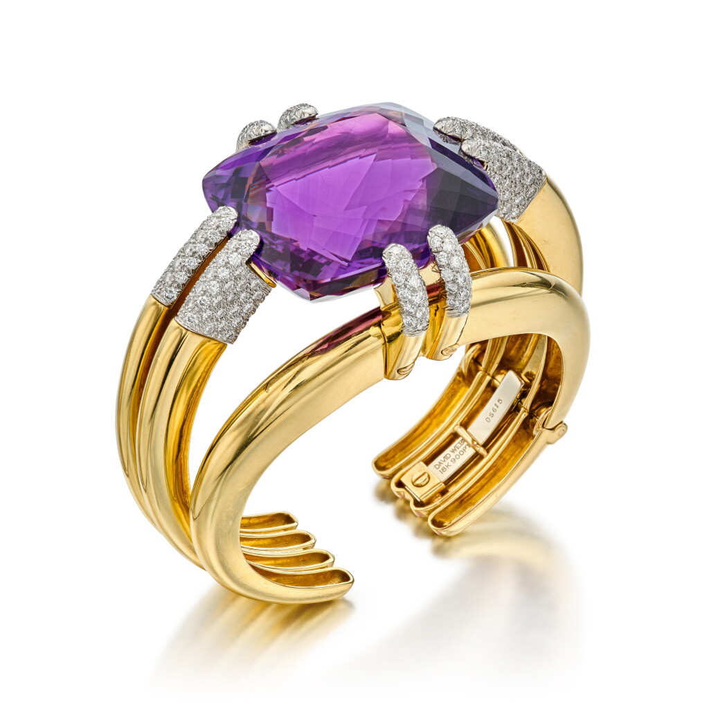 View full screen - View 1 of Lot 136. Gold, Amethyst and Diamond Cuff-Bracelet.