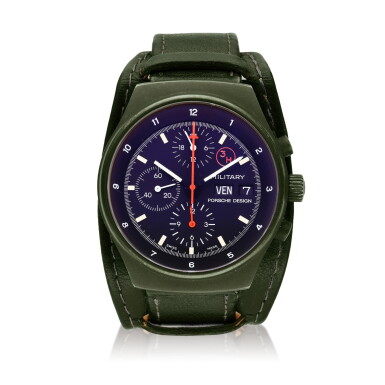 View full screen - View 1 of Lot 503. Reference 7177 Porsche Design Military Orfina | A stainless steel PVD-coated automatic chronograph wristwatch with register day and date, Circa 1990.