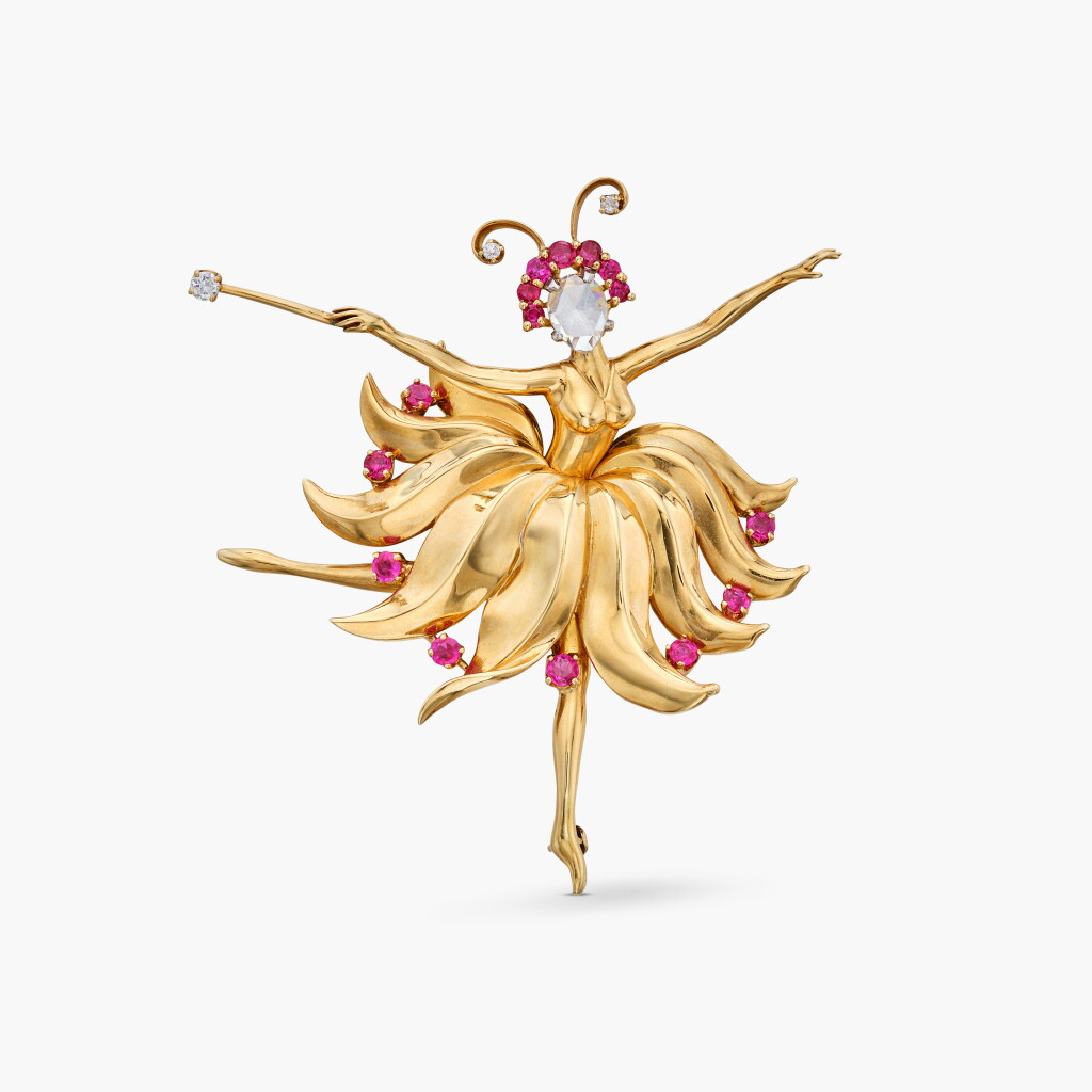 View full screen - View 1 of Lot 118. Gold, Ruby and Diamond 'Ballerina' Clip-Brooch 梵克雅寶 | K金 配 紅寶石 及 鑽石 胸針.