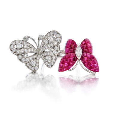 View full screen - View 1 of Lot 152. 'Mystery-Set' Ruby and Diamond 'Two Butterfly' Ring, France .